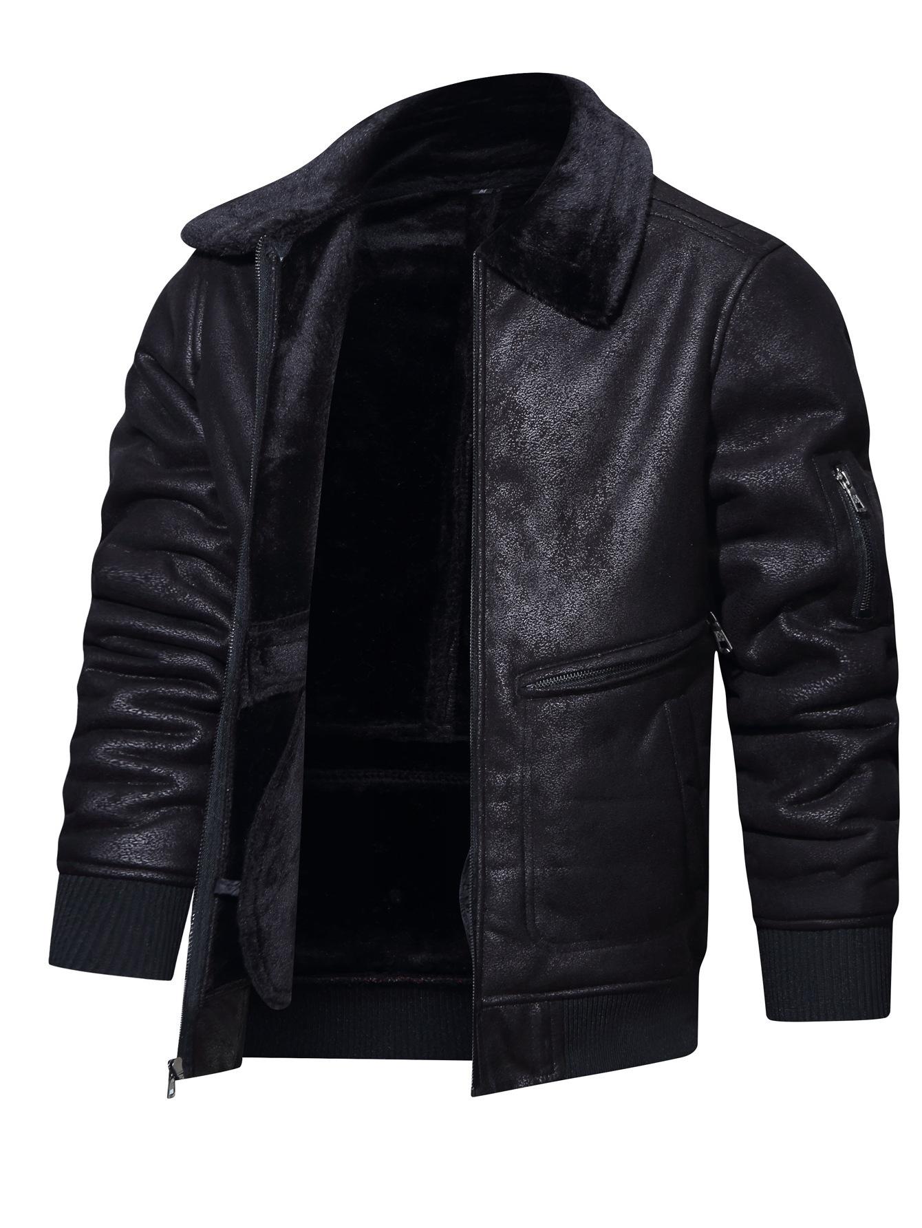 

Men s Brown Leather Jacket with Ribbed Knit Cuffs and Faux Fur Collar, Full Zip Front, Multiple Pockets XXXL чорний