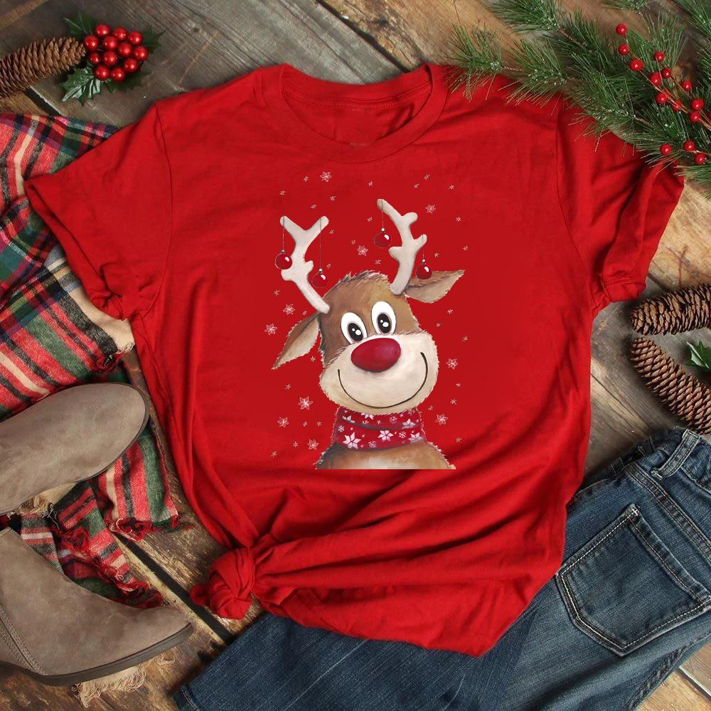 Funny Santa Claus with Christmas Elk Print Women T Shirt Casual Short Sleeve O-Neck Red Tshirt Ladies Y2k T-shirt Female