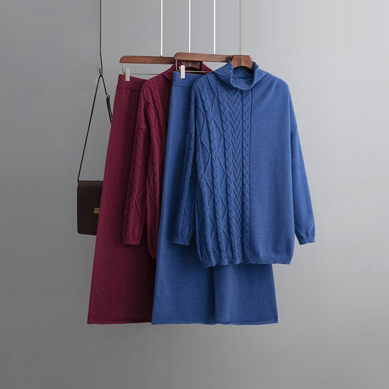 Herbst Winter Warm Verdicken Pullover für Damen Trainingsanzug Gestricktes 2-teiliges Set Rollkragen Strickpullover und Elastische Hosen Anzüge