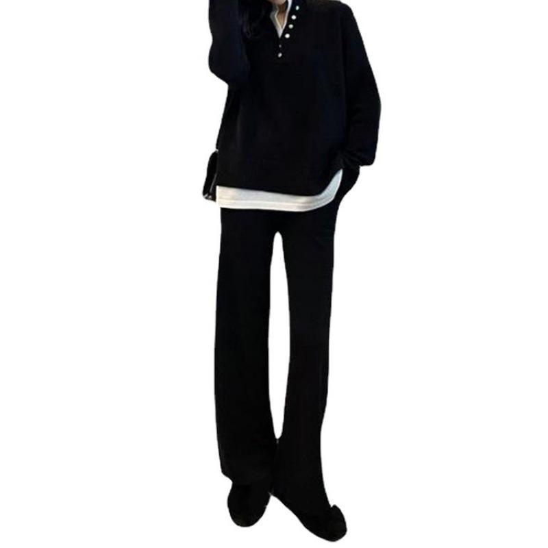 Casual Sweater Set Autumn Fake Two-piece Top + Wide-leg Pants Two-piece Set Knitted Sweater for Women