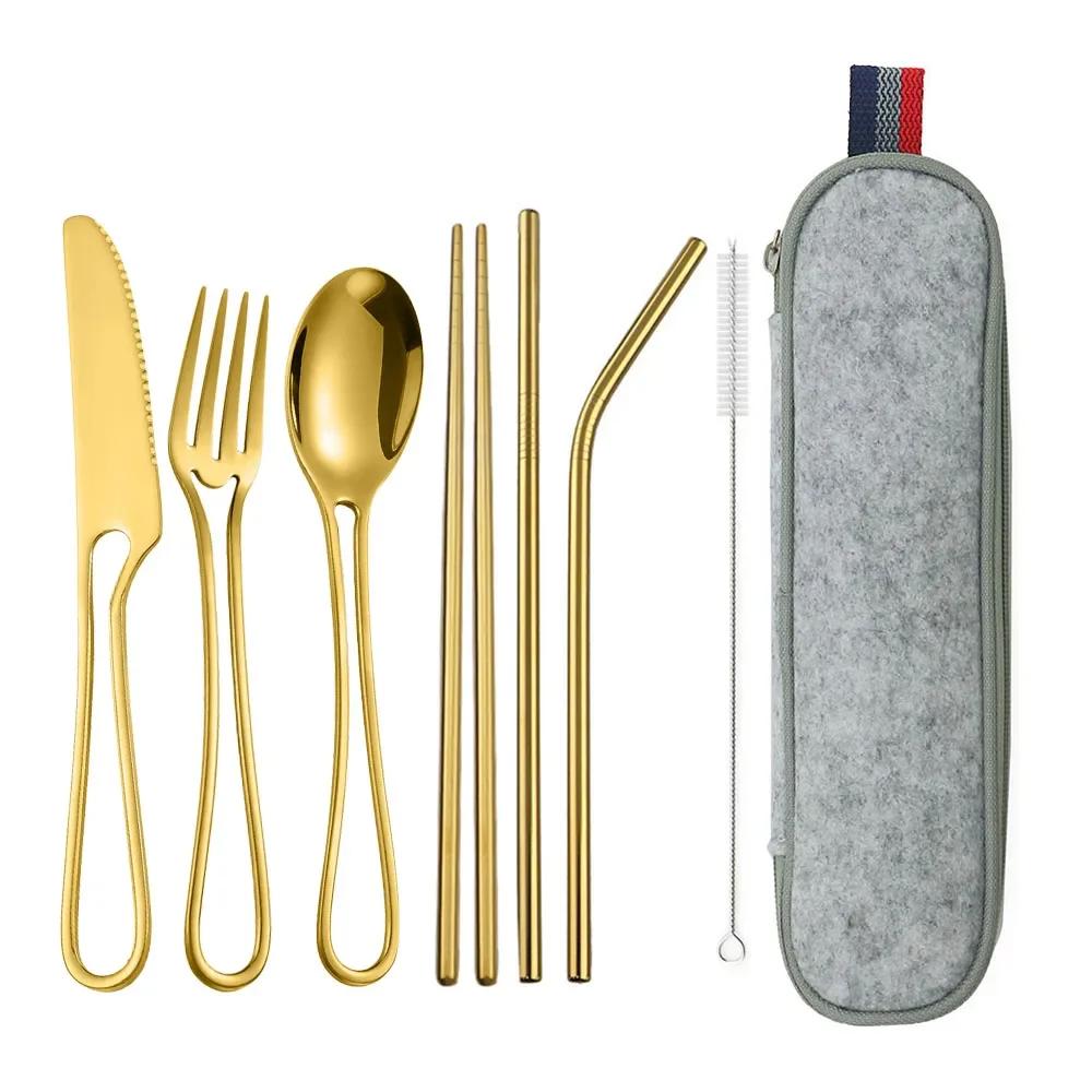 

Наборы столовых приборов для путешествий и походов, 8 шт., с портативным чехлом, полые ручки из нержавеющей стали, столовая посуда, нож, вилка, ложка, набор столовых приборов