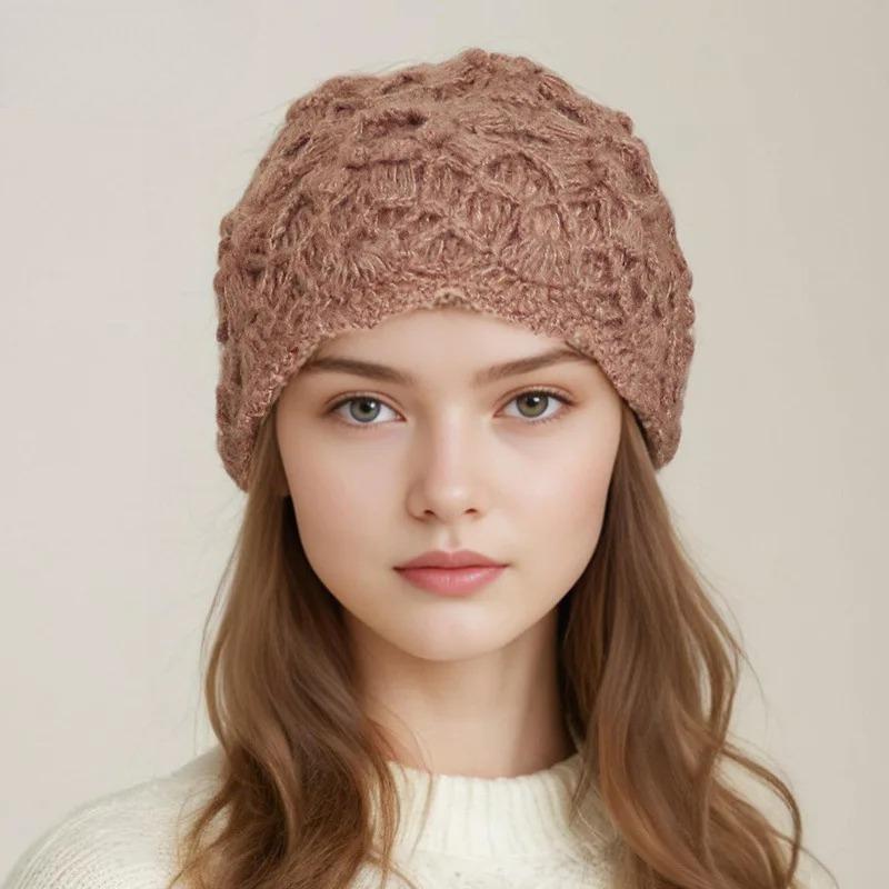 Spring Autumn Handmade Knitted Hat Women Fashion Solid Color Lace All-match Woolen Hats Temperament Elegant Ladies Beanie