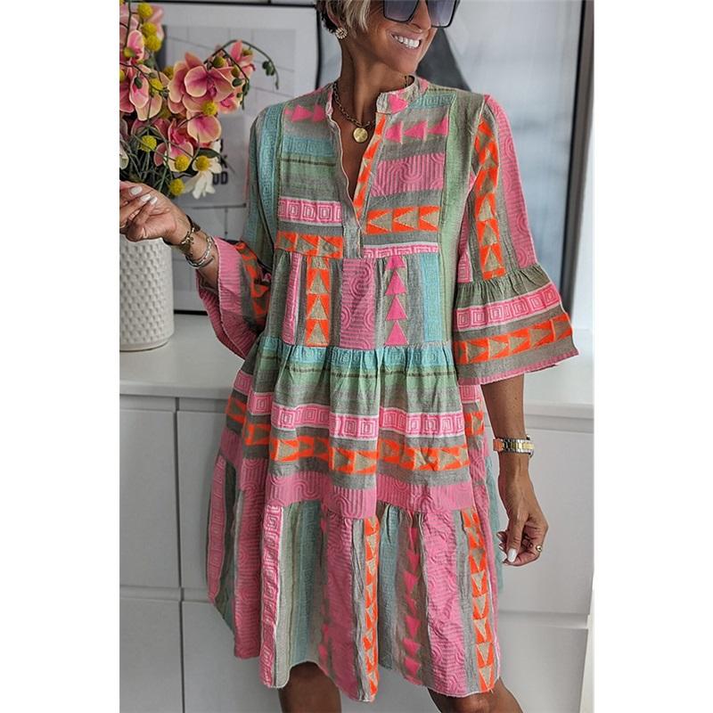 Women's Summer New Dress European And American Color Printing V-neck Three-quarter Sleeve Shirt Long Skirt