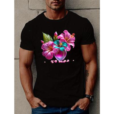 T-shirt con stampa floreale taglia europea, Magliette da uomo, T-shirt casual a maniche corte per l'estate