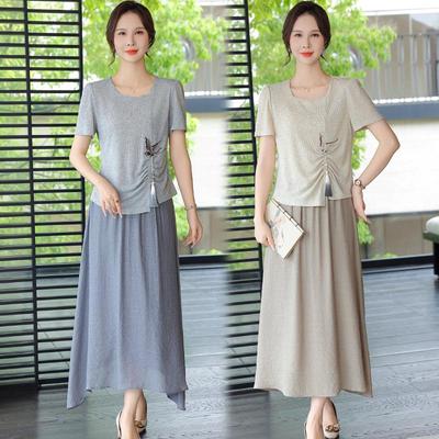 Elegant Zomer Set: Top met Korte Mouwen & Rok voor Vrouwen van Middelbare Leeftijd