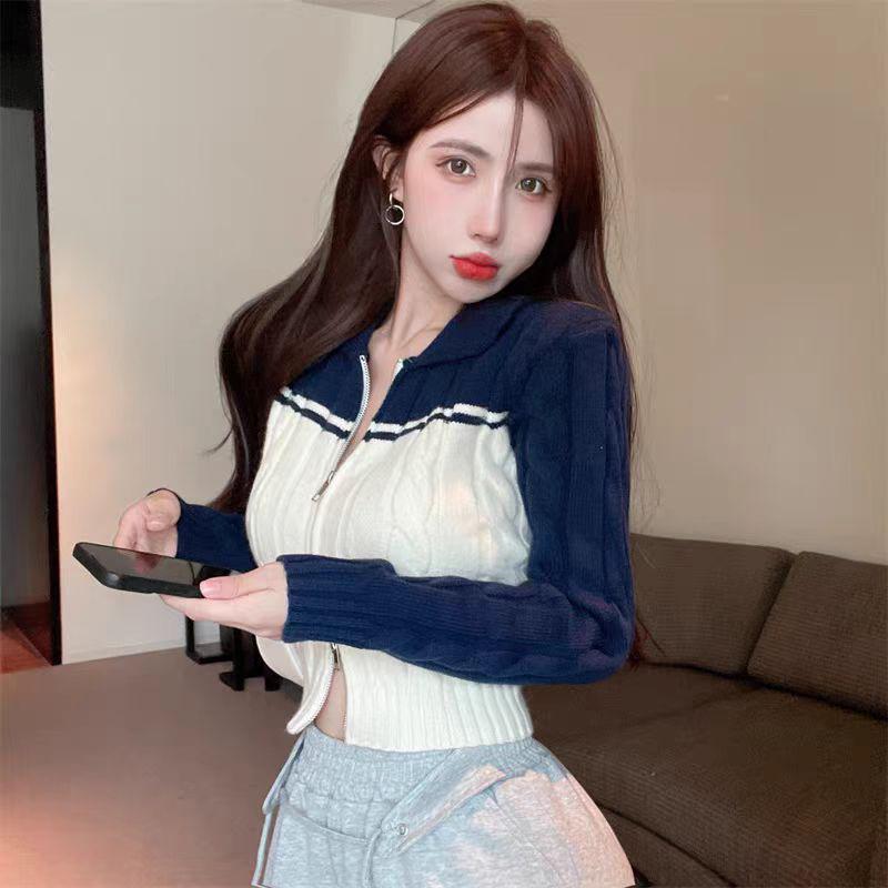 Spicy Girl Polo Collar Cropped Knit Cardigan Sweater - Women's Autumn Long Sleeve Slit Top