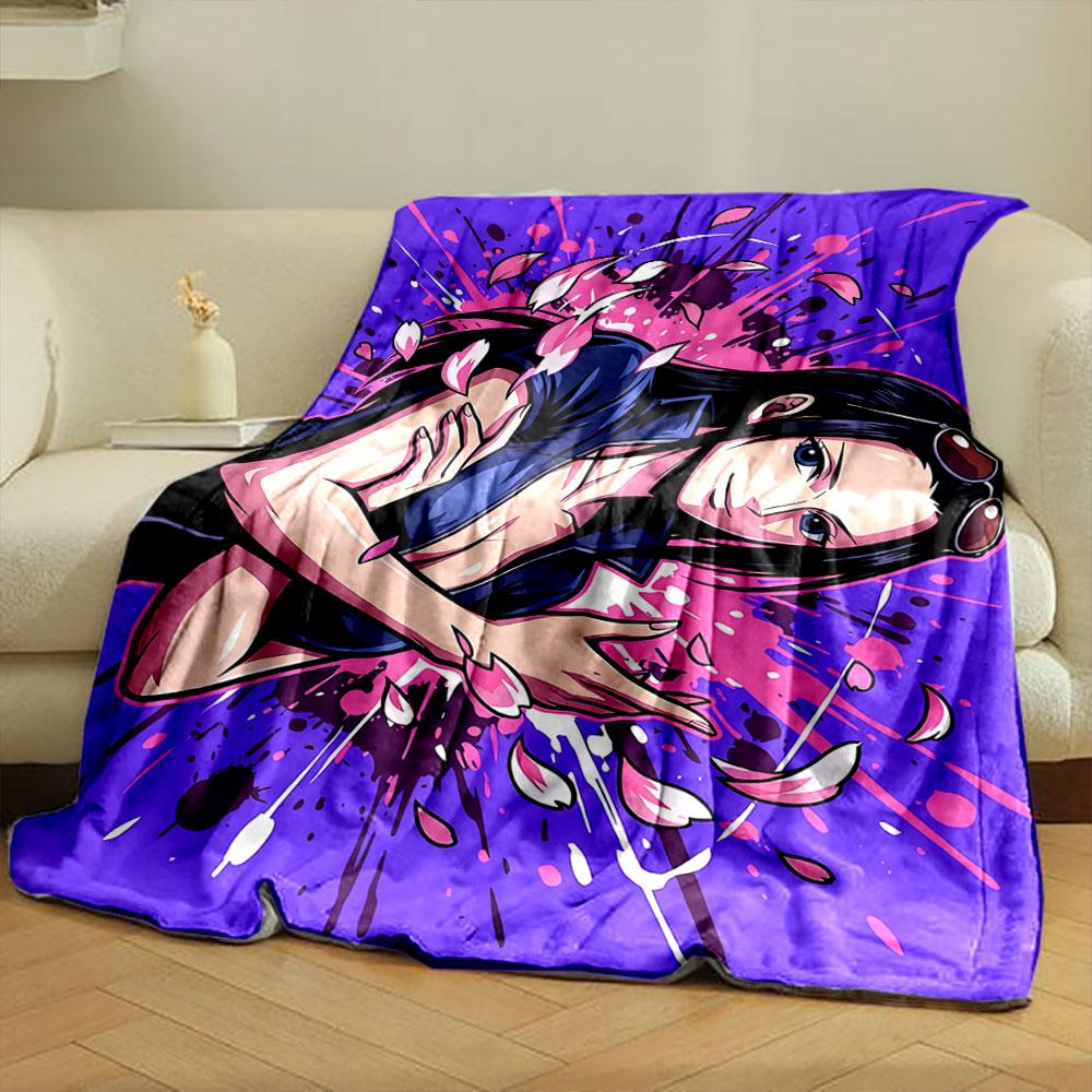 A woman with flowing petals on a vibrant purple and pink splatter background. for all seasons blanket lunch break throw gift