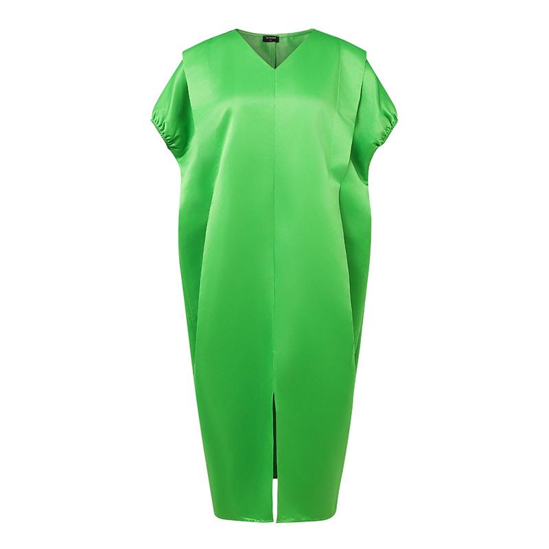 Plus Size Women Summer V Neck Short Batwing Sleeve Splits Baggy Satin Party Long Dress
