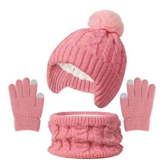 3Pcs/Set Kids Hat Scarf Gloves Set Colorful Twist Texture Hat Thickened Plush Lining Neck Gaiter Knitted Gloves Set