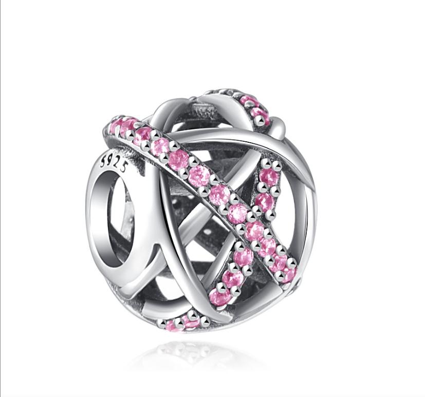 925 Silver rose pink ribbon bow Charm Purple Bead perfume Pendant Fit Original Bracelet Jewelry Earring DIY Making Gift boy girl