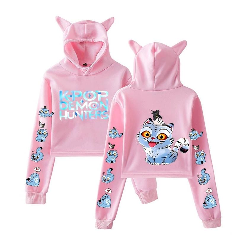 KPop Demon Hunters Derpy Tiger Cropped Hoodies Women Long Sleeve Hooded Pullover Crop Tops Casual Streetwear Clothes XS