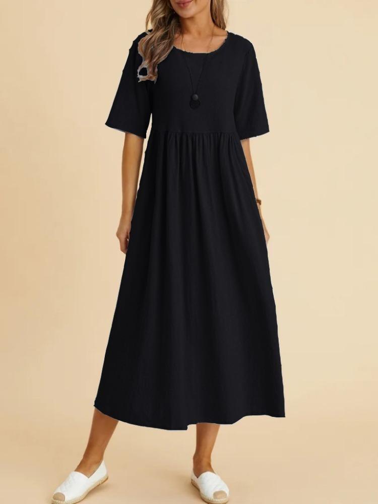 Loose Women Hemp Cotton Dress Medium Length Large Size Round Neck Half Sleeve