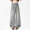 Striped splicing old jeans men's autumn American street washed scimitar wide-leg pants retro loose straight trousers