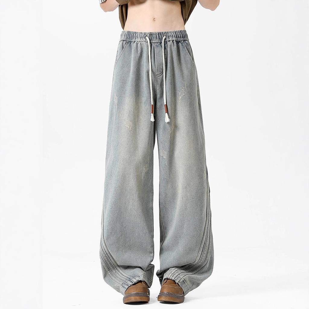Striped splicing old jeans men's autumn American street washed scimitar wide-leg pants retro loose straight trousers