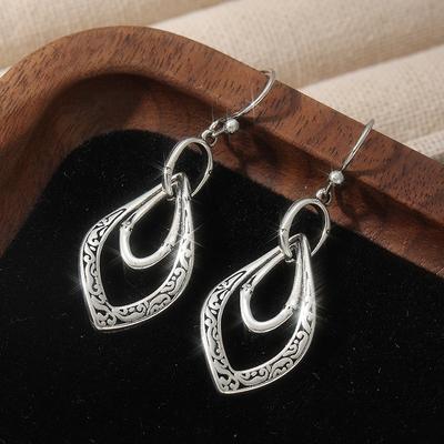 Retro Hollow Carved Silvery Plated Dangle Earrings for Women Geometric Ethnic Irregular Pattern  Jewelry Accessories Gift