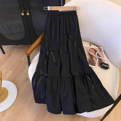 Saia longa feminina cintura alta linha A estilo Hepburn elegante casual laço renda rosa preto branco saias de festa