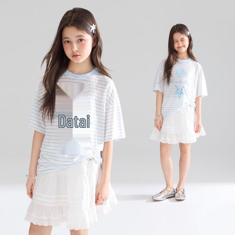 Mucmukn Girls  Lyocell Cooling Blue Stripe T-Shirt 150CM