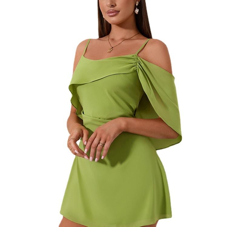 New chiffon dress, European and American sexy one-word collar sleeveless slim backless suspender dress