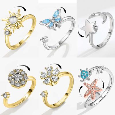Bague tournante Tournesol pour l'anxiété pour femmes Anneaux ouverts réglables Fidgets Spinner Animal mignon Papillon Tortue Bague Anti Stress