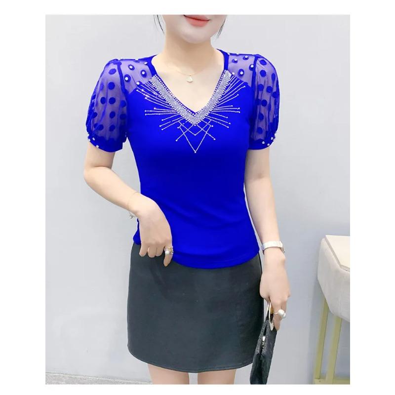 Summer V Neck Short Sleeved Women's T Shirt Fashion Sexy Diamond Mesh Tees Lace