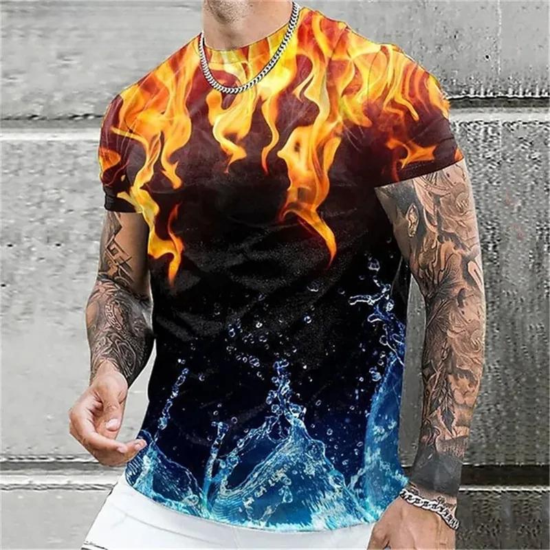 Summer Round Neck 3D Colorful Flame Graphic Print Top Fashionable Casual Short Sleeved Men's T-shirts