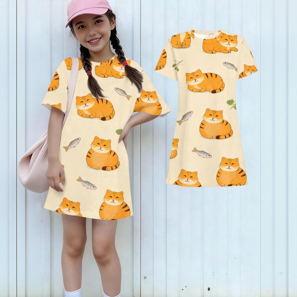 Girls Loose Fit Short Sleeve Dress Kids Round Neck Casual Lightweight Dress with Animal Print Suitable for Daily Wear and Outdoor Activities