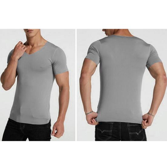 Herren Sommer T-Shirt Einfarbig Nahtlose Eis Seide V-Ausschnitt Kurze Ärmel Weich Atmungsaktiv Pullover Sport Business Casual Männer Büro Top