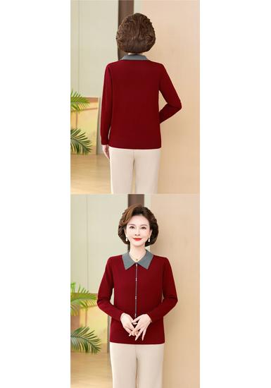 Elegant Knit Lapel Sweater for Middle-aged and Elderly Women—Long Sleeve Base Layer for Spring and Autumn