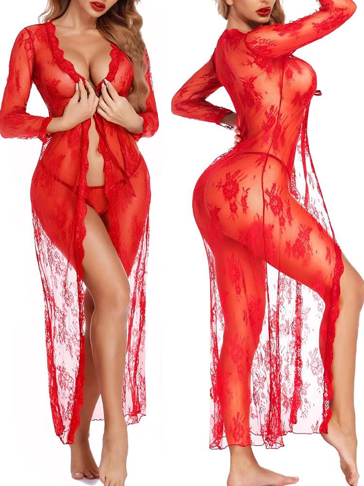 Rochie de Pijama din Dantelă Halat Kimono Femei Lenjerie Sexy Decolteu în V Transparent Îmbrăcăminte de Noapte Babydoll Halat Erotic Costum cu Tanga