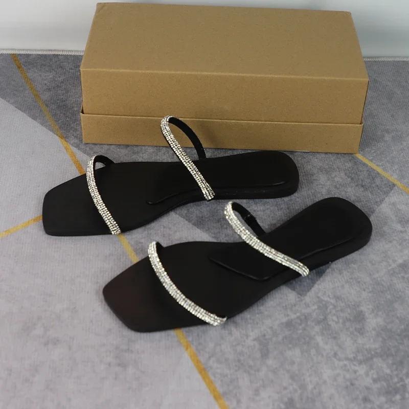Soleist Luxury Designer Women's Slippers Summer Thin Band Flat Slides New Fashion Woman Sandals Square Toe Shiny Ladies Beach Shoes