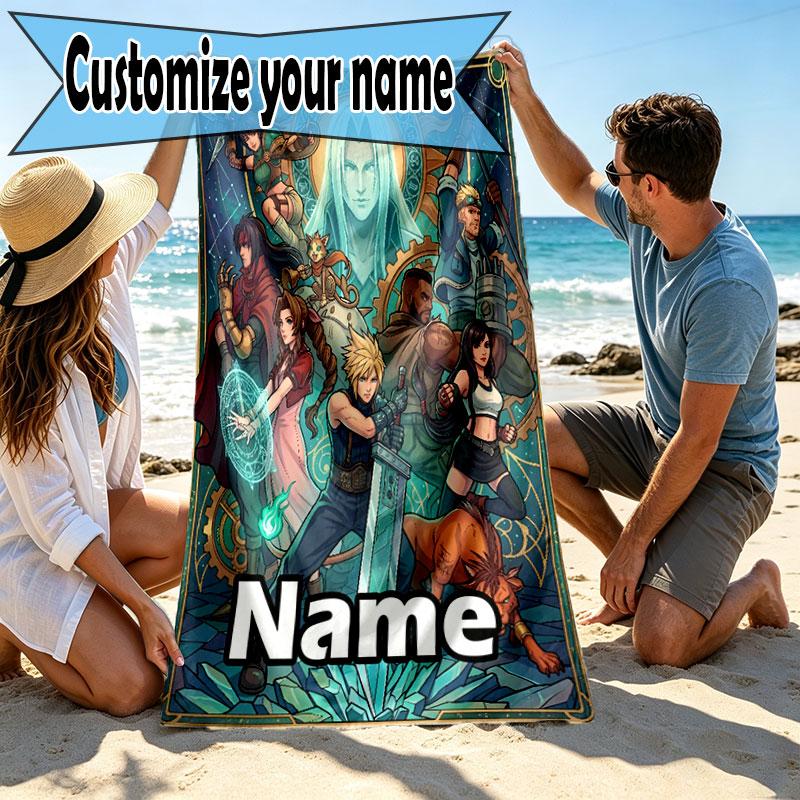 Custom Name Personalized Final Fantasy Print Beach Towel, for Trip Camping Beach Party Home Decor, Birthday Gift for Family & Friends