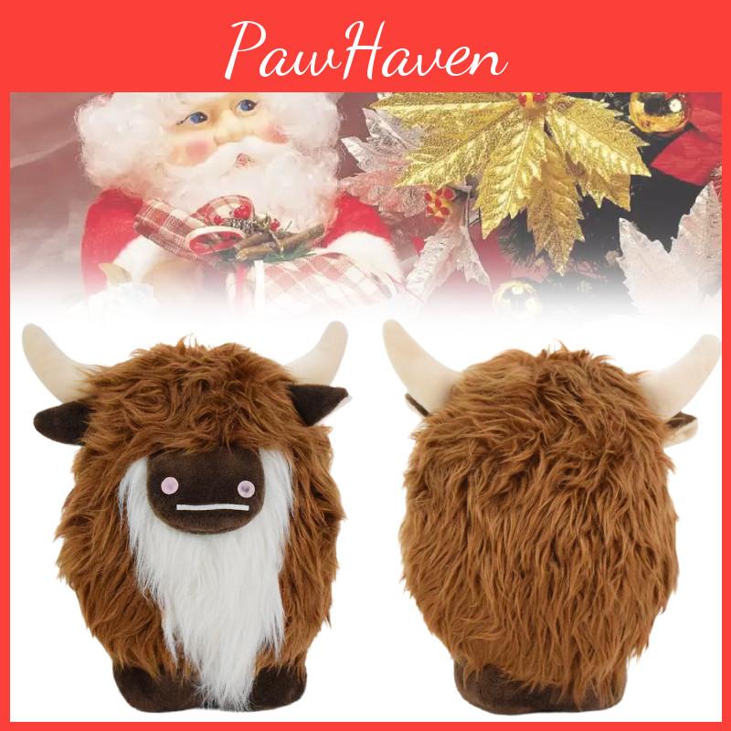 Adorable Plush Highland Cow Decorative Figure With Brown And White Facial Features