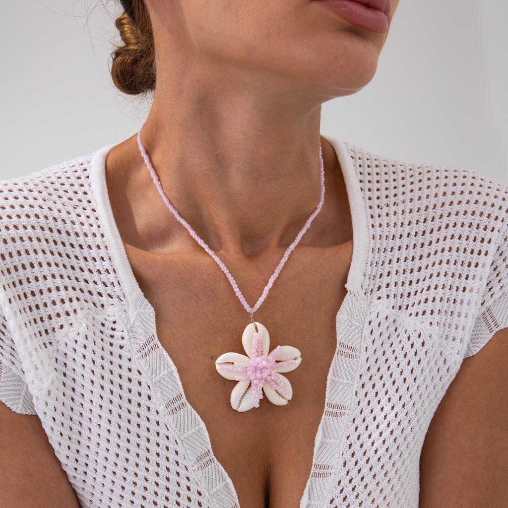 Beach Ocean Resort Wind Shell Flower Pendant Necklace Bohemian Rice Beads Beaded Necklace Women