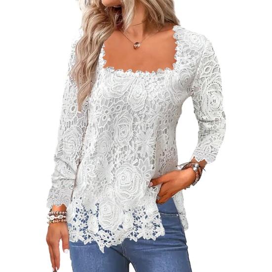 Solid Large Size Neck Color Hollow Out Square Lace Long Sleeve Soft Loose Breathable Pullover T-shirt