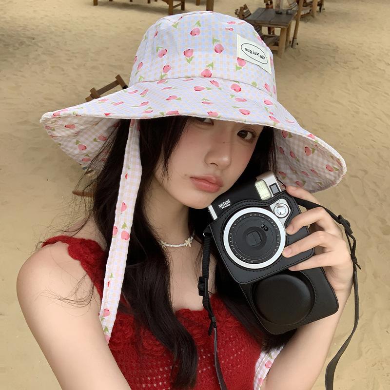 Small Fresh Plaid Flower Large Brim Fisherman Hat Children Spring and Summer Outdoor UV Protection Sunscreen Basin Hat