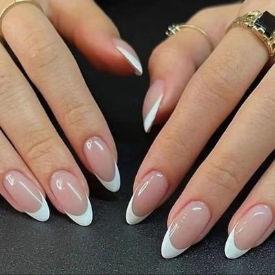 Classic French Almond Nails, Nude White Press On Nails, Detachable Full Cover Nail Tips