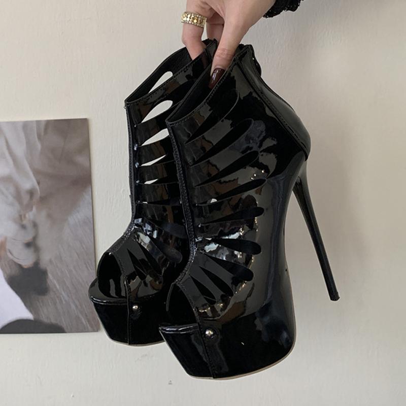 Black Women Sexy Peep Toe Party Stripper Pole Dance Shoes Fashion Zip Ankle Boots Super High Heels Platform Booties Female