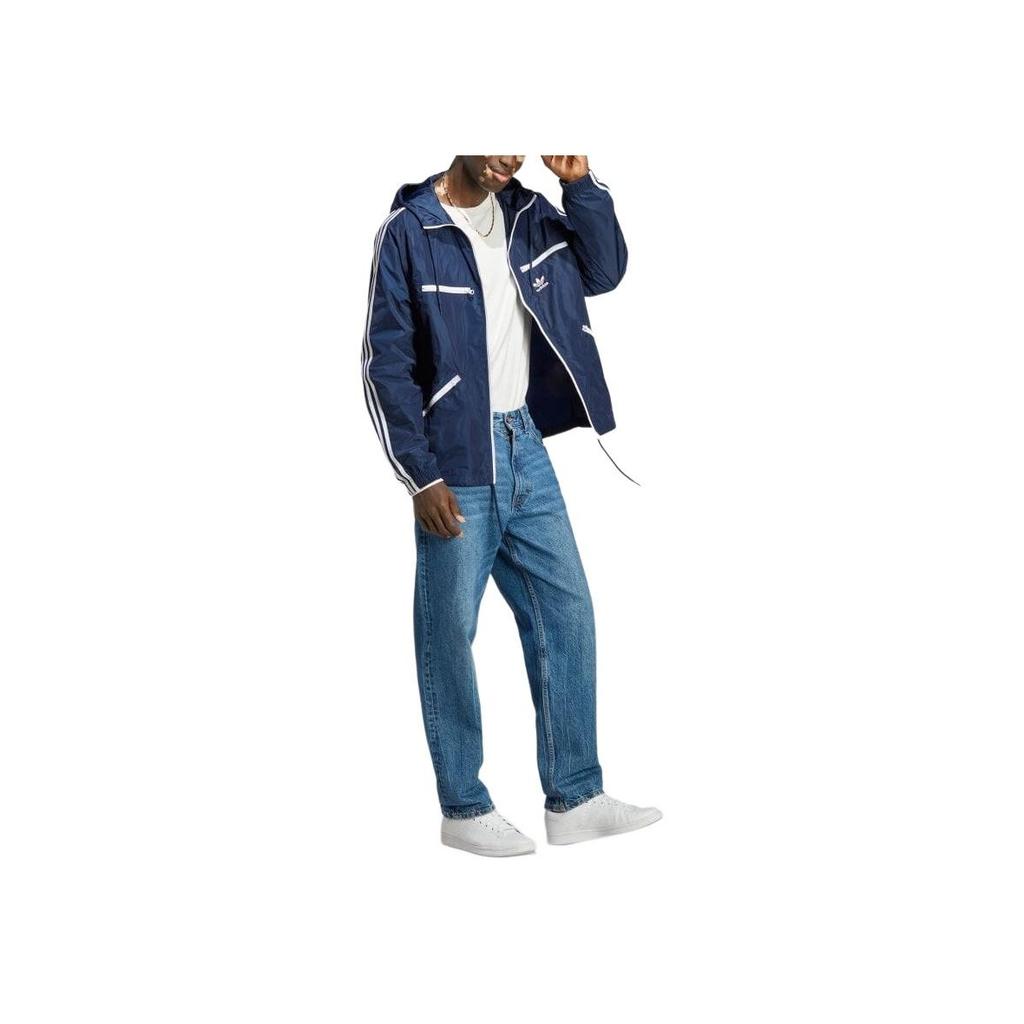 Adidas Originals Trefoil Logo Embroidered Hooded Drawstring Zip Jacket Men Jackets Blue IB9961