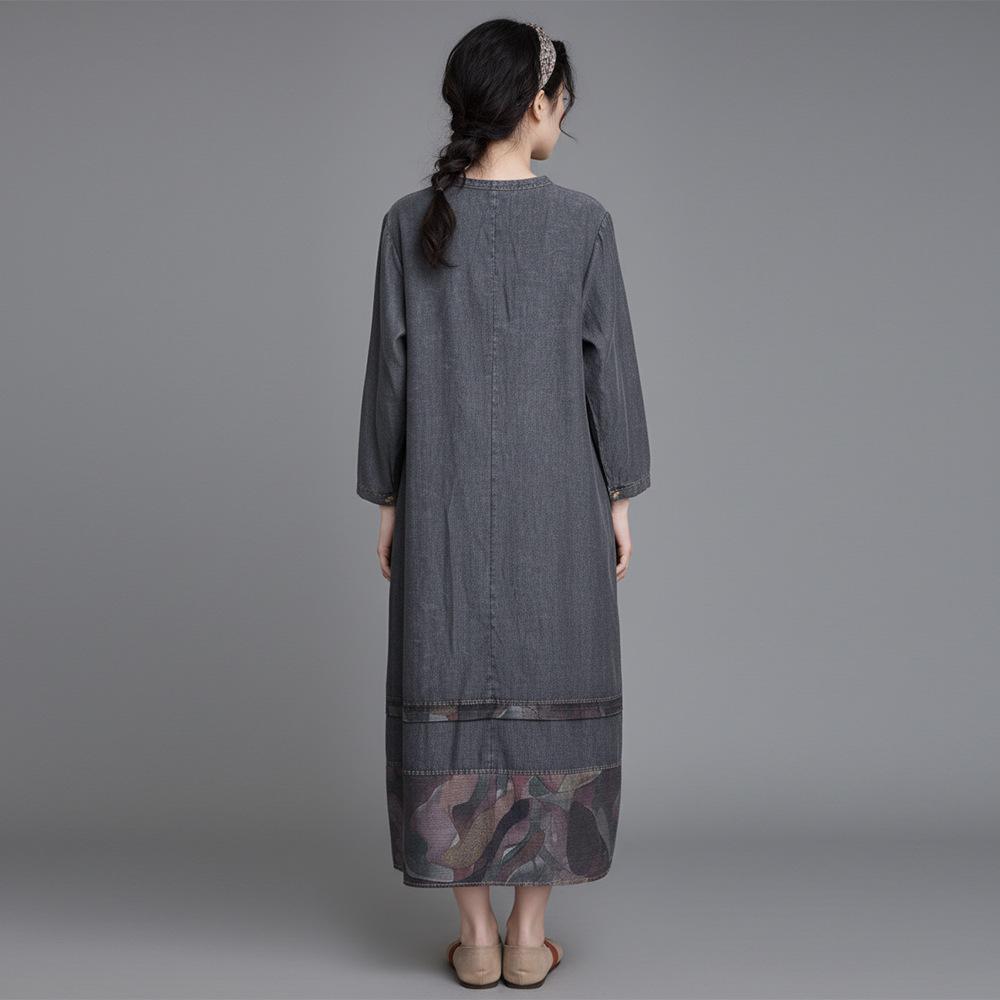 Johnature Women Vintage Dress Spring O-Neck Long Sleeve Robes Patchwork Print Floral Loose Dresses