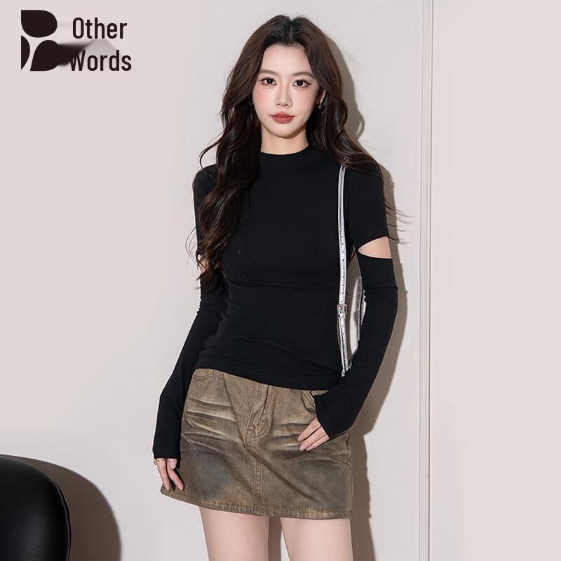 Women s Ribbed Semi-High Neck Long Sleeve Top with Slit Sleeves S