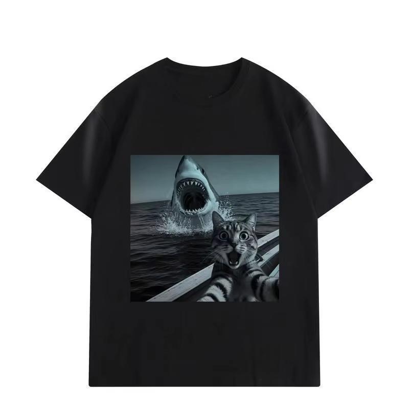 Cat Selfie With Shark Funny Graphic T Shirts Unisex Unisex Fashion Vintage Short Sleeve Tshirts Summer Casual Loose Cotton Tshirt M