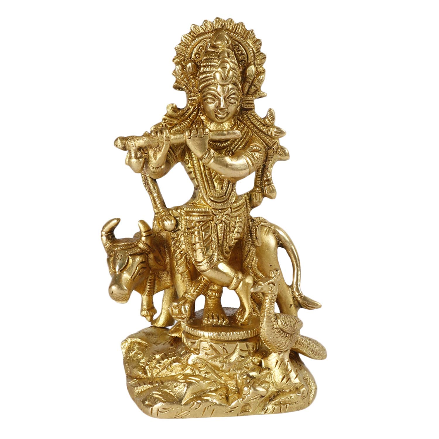 Pure Brass Bhagwan Lord Krishna Idol With Gau Mata, Gold, Small Size -4.5 Inch