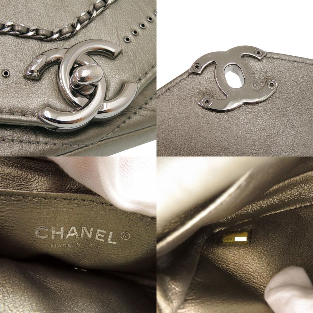 Used AUTHENTIC CHANEL Chain Shoulder Bag Chevron CC Mark gray Leather