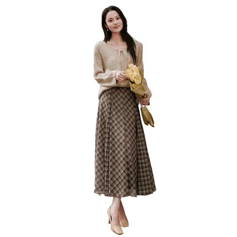 Xiangying Women s High-Waisted Plaid A-line Skirt XL