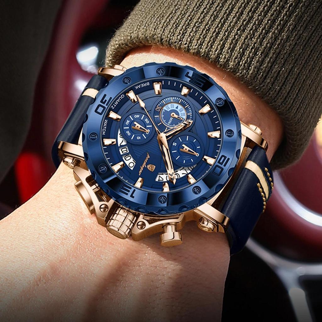 POEDAGAR Fashion Men's Quartz Chronograph Watch Luminous Waterproof with Leather Strap Ideal Gift for Men Business Casual