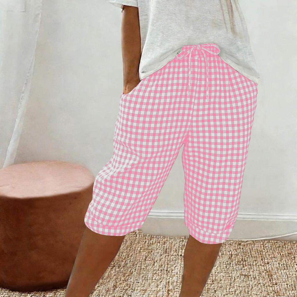 Women's Fashionable Plaid Printed Loose Drawstring Cotton Linen Casual Five Quarter Pants