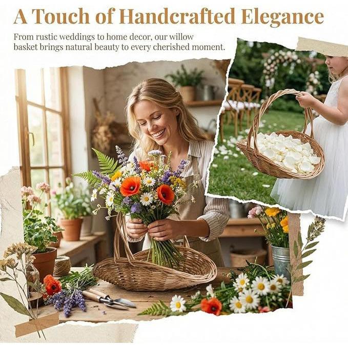 Cesta de Cosecha de Mimbre Tejida a Mano con Asa Cesta Portátil de Almacenamiento para Recolección de Flores Verduras y Flores Almacenamiento en Casa