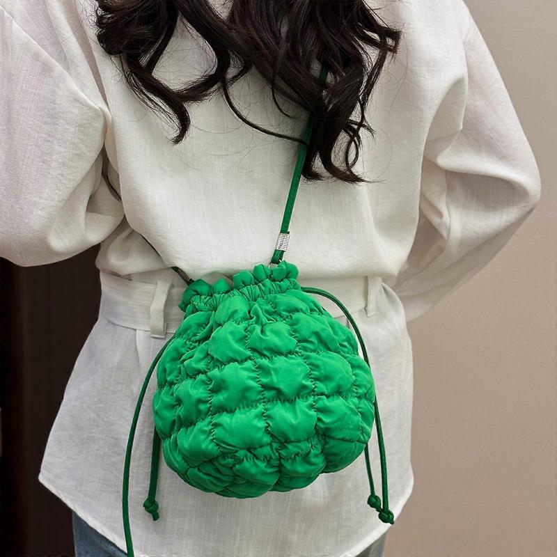 Women's Quilted Puffer Bucket Bag Drawstring Closure Creative Shoulder Crossbody Bag for Daily Commute and Outdoor White