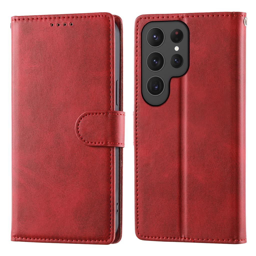 Etui Portfel z Podstawką na Samsung Galaxy S25 Ultra, Tekstura Skóry Cielęcej, PU Skóra, Klapka z Paskiem na Nadgarstek