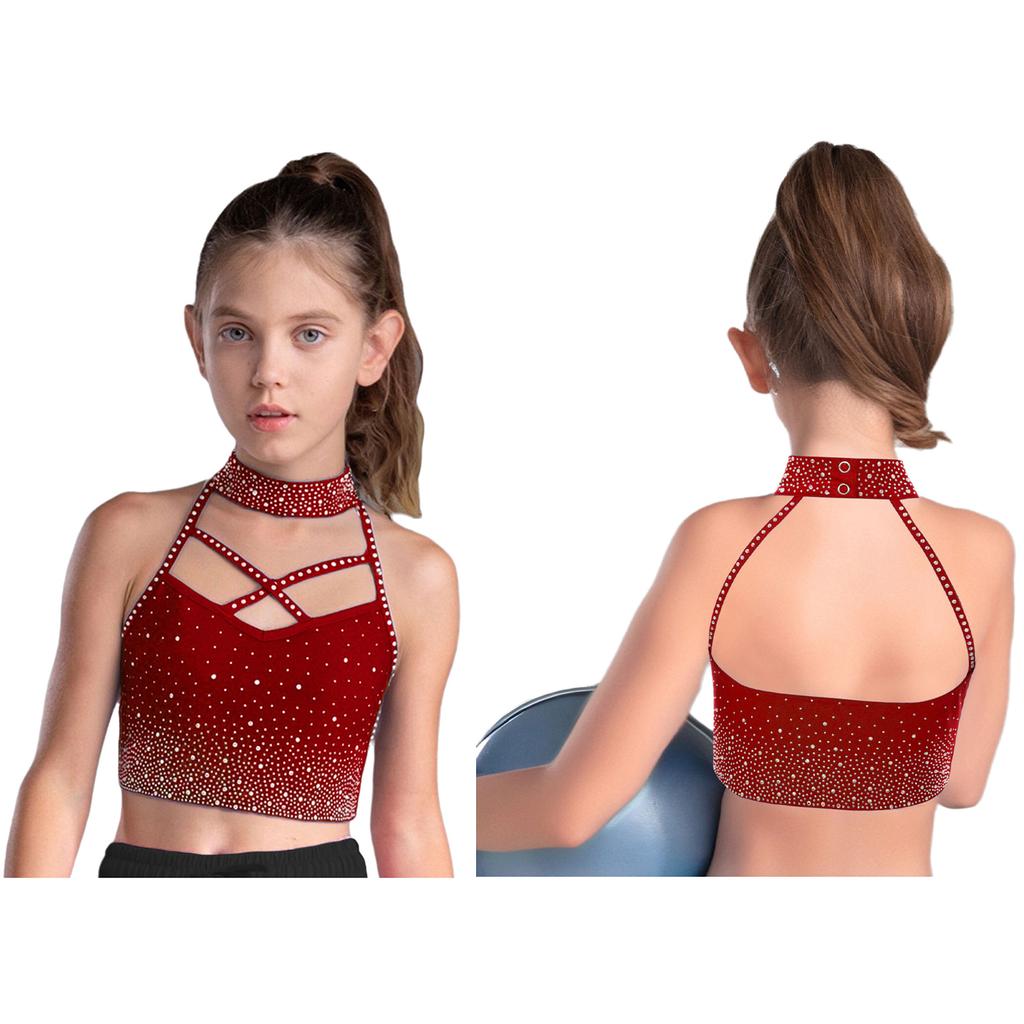 Kids Gymnastics Top Halter Sleeveless with Sparkling Rhinestones Cross Front Backless Dance Wear Costume